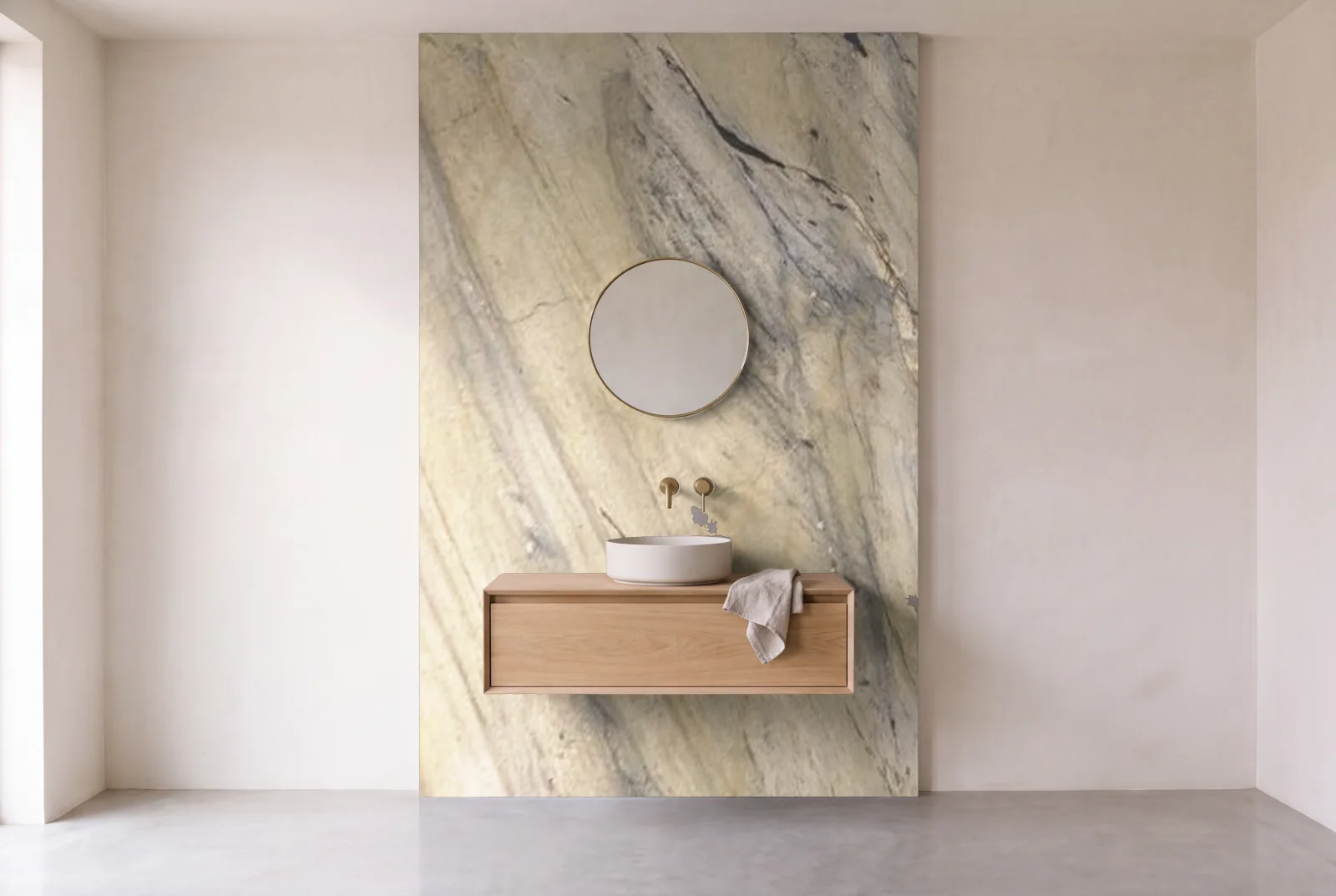 Visualization of Magma Blue Leather as one slab behind a floating bathroom vanity