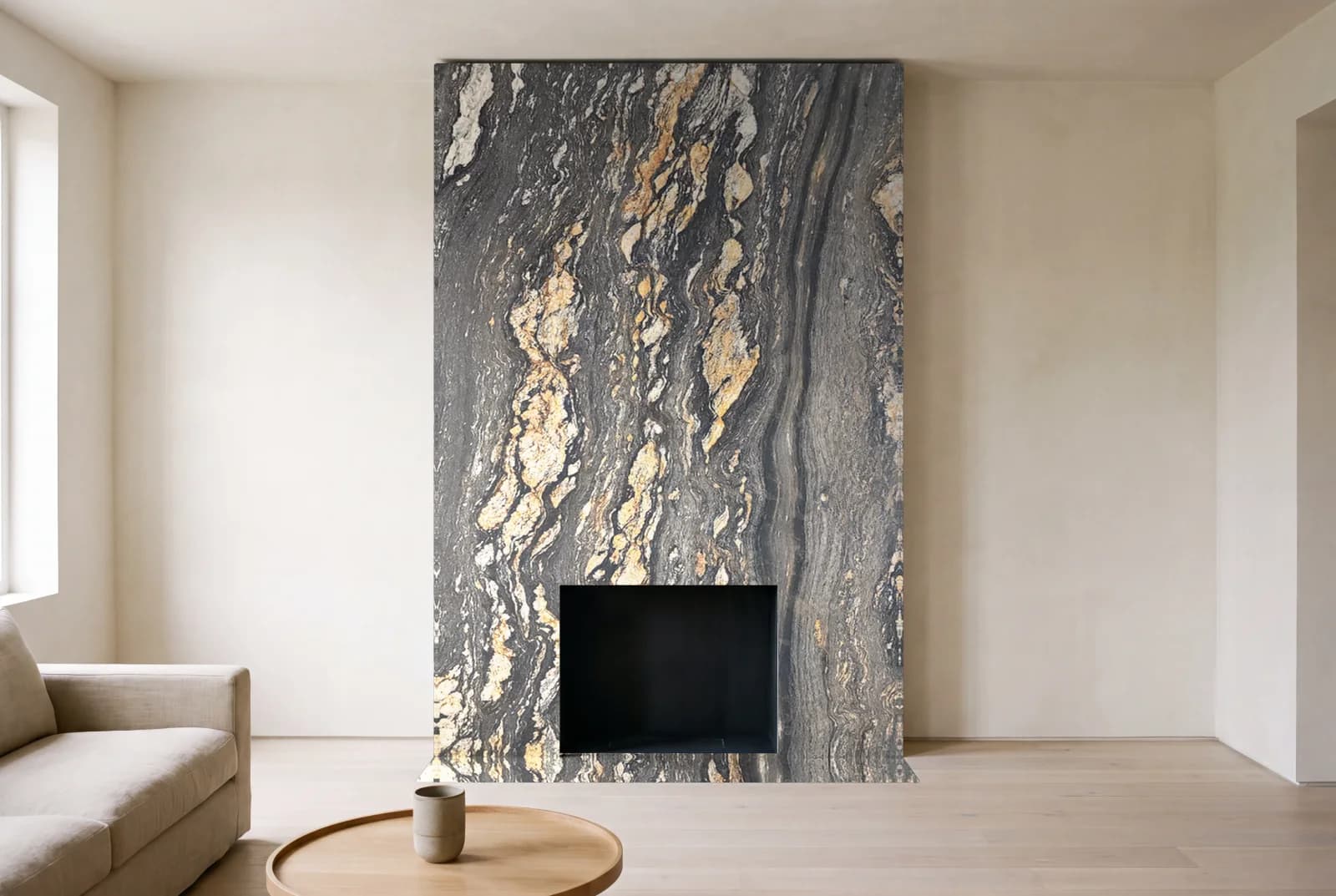 Visualization of Magma Gold Leather as a floor-to-ceiling fireplace wall in a living room