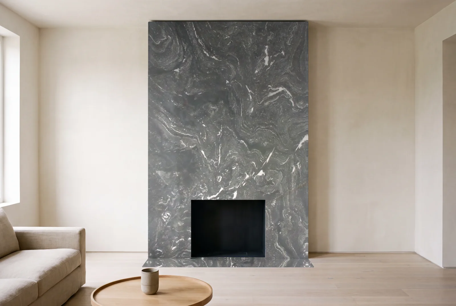 Visualization of Makalu Honed as a floor-to-ceiling fireplace wall in a living room