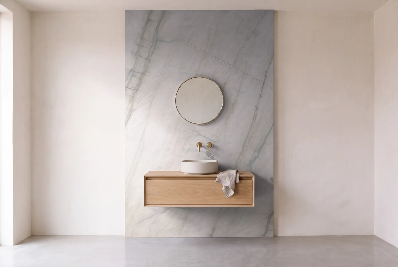 Visualization of Meridian as one slab behind a floating bathroom vanity