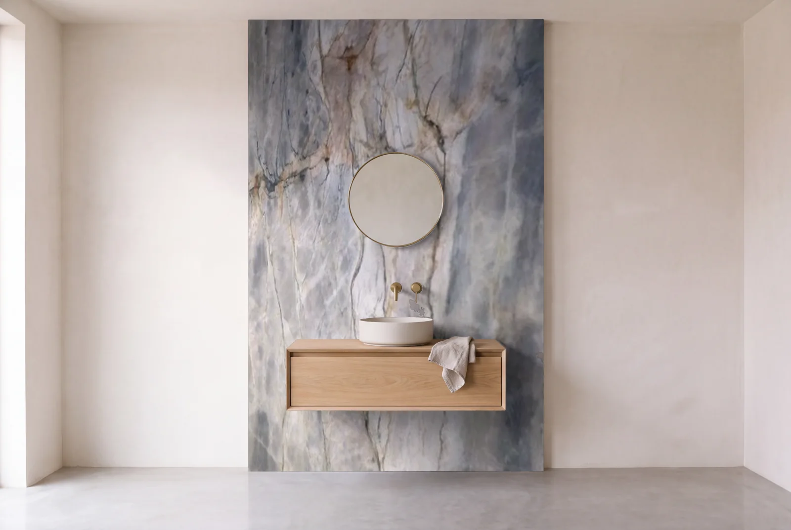 Visualization of Michael Angelo as one slab behind a floating bathroom vanity