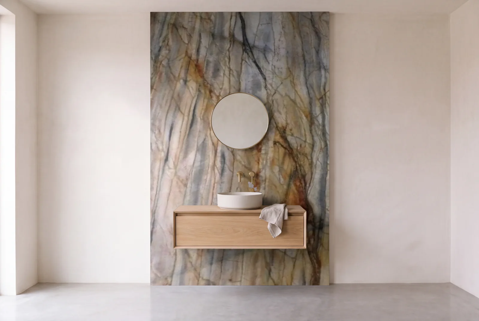 Visualization of Michael Angelo Brown as one slab behind a floating bathroom vanity