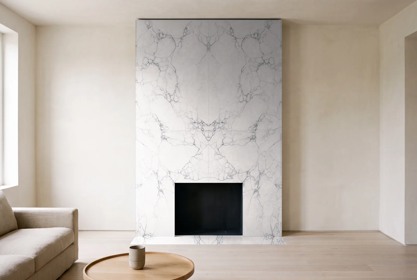 Visualization of Milan as a floor-to-ceiling fireplace wall in a living room