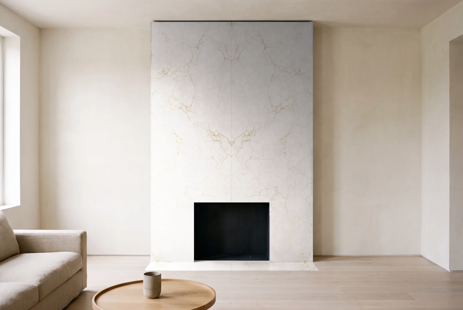 Visualization of Milan Gold as a floor-to-ceiling fireplace wall in a living room