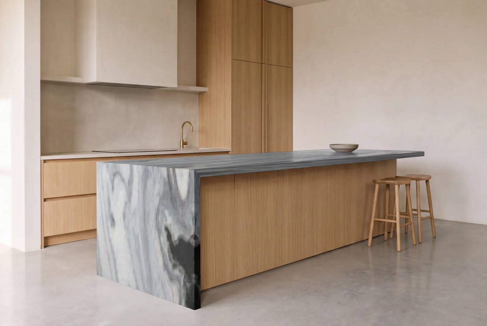 Visualization of Mont Blanc as a waterfall island in an oak kitchen