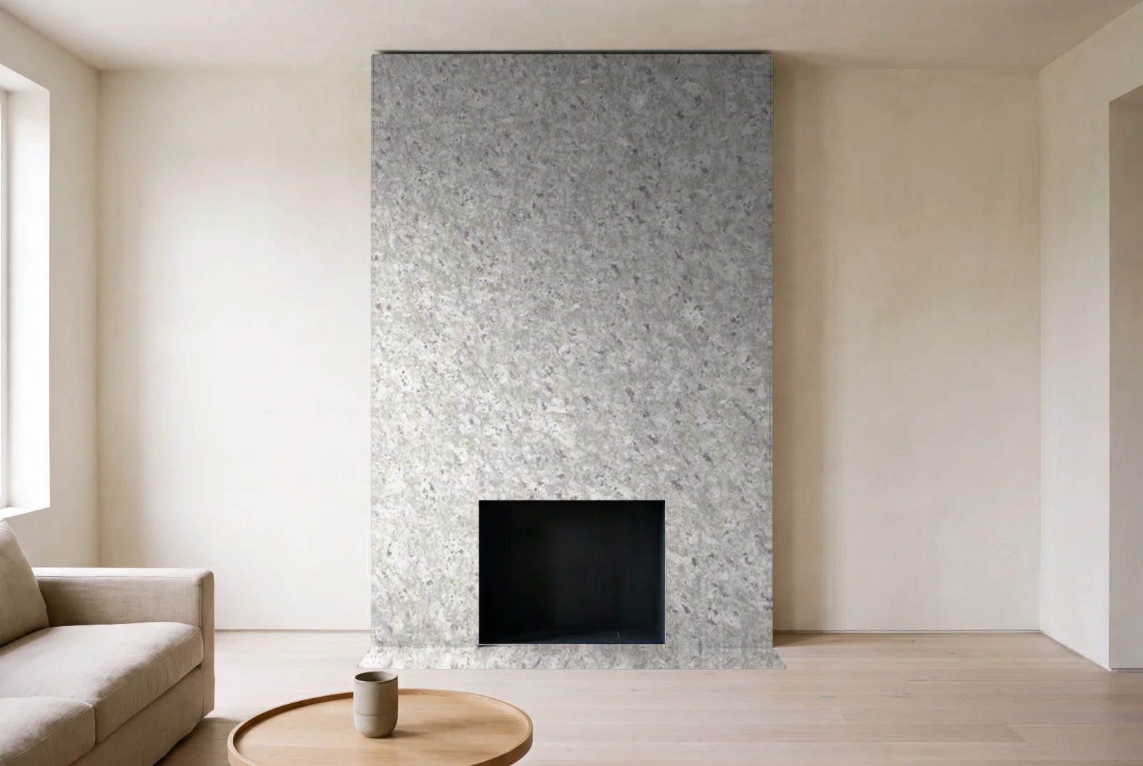 Visualization of Moon White as a floor-to-ceiling fireplace wall in a living room