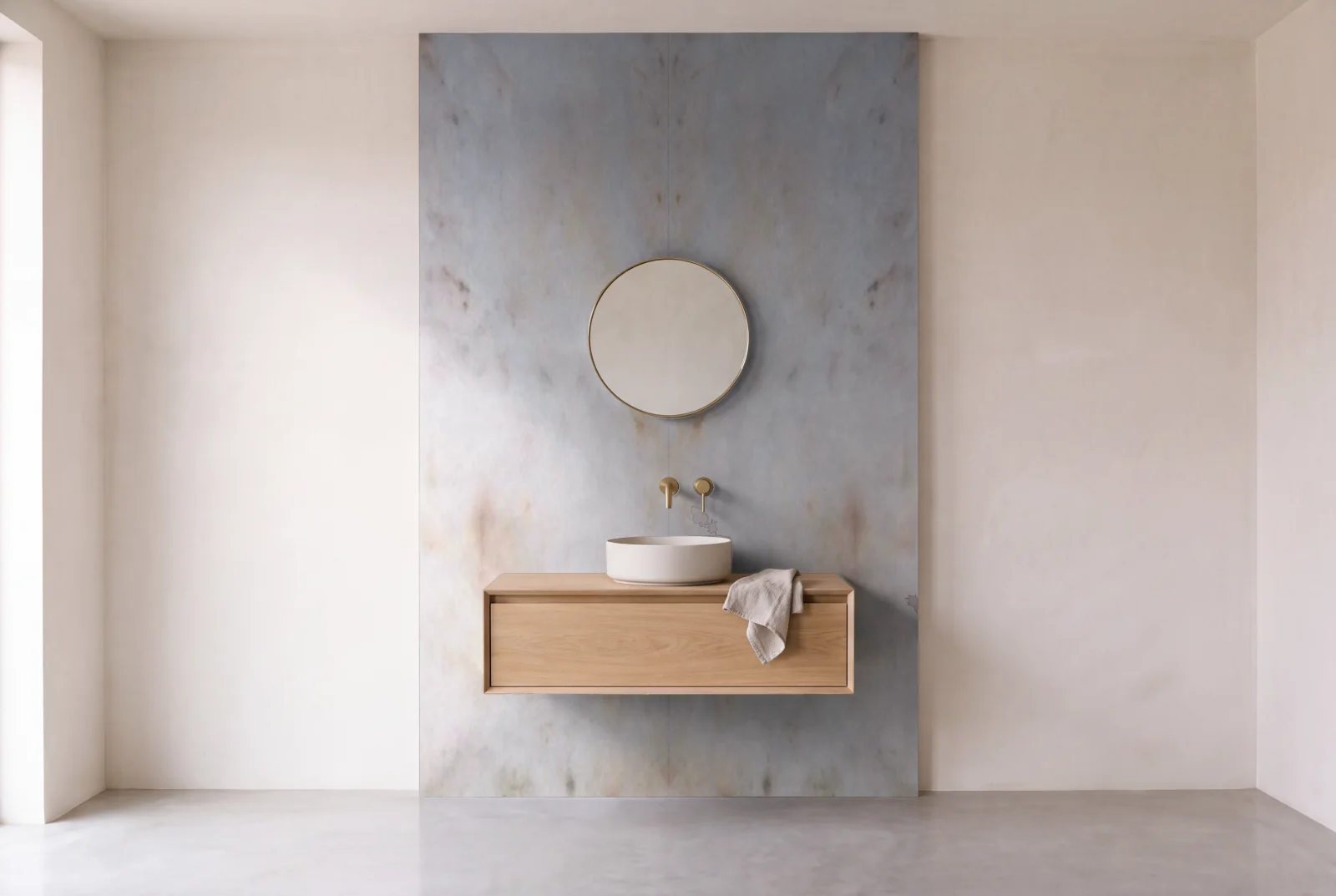 Visualization of Muscovita Oro as one slab behind a floating bathroom vanity