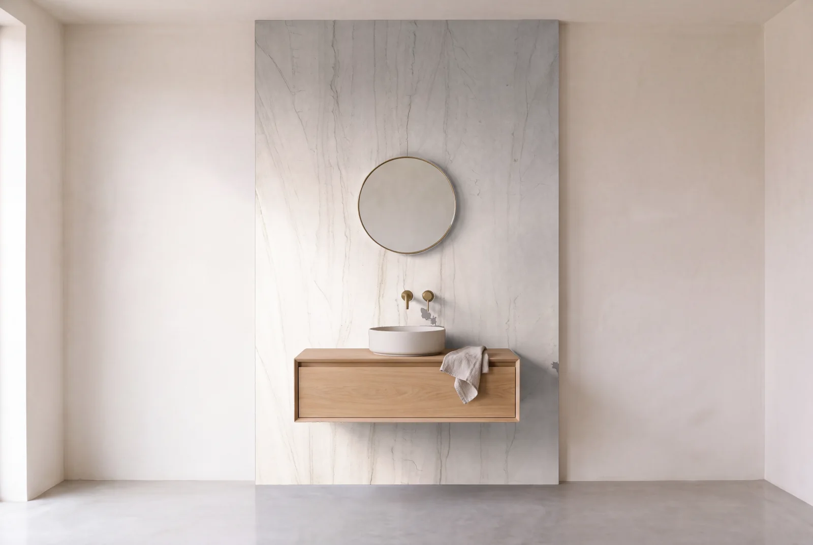 Visualization of Mykonos Leather as one slab behind a floating bathroom vanity