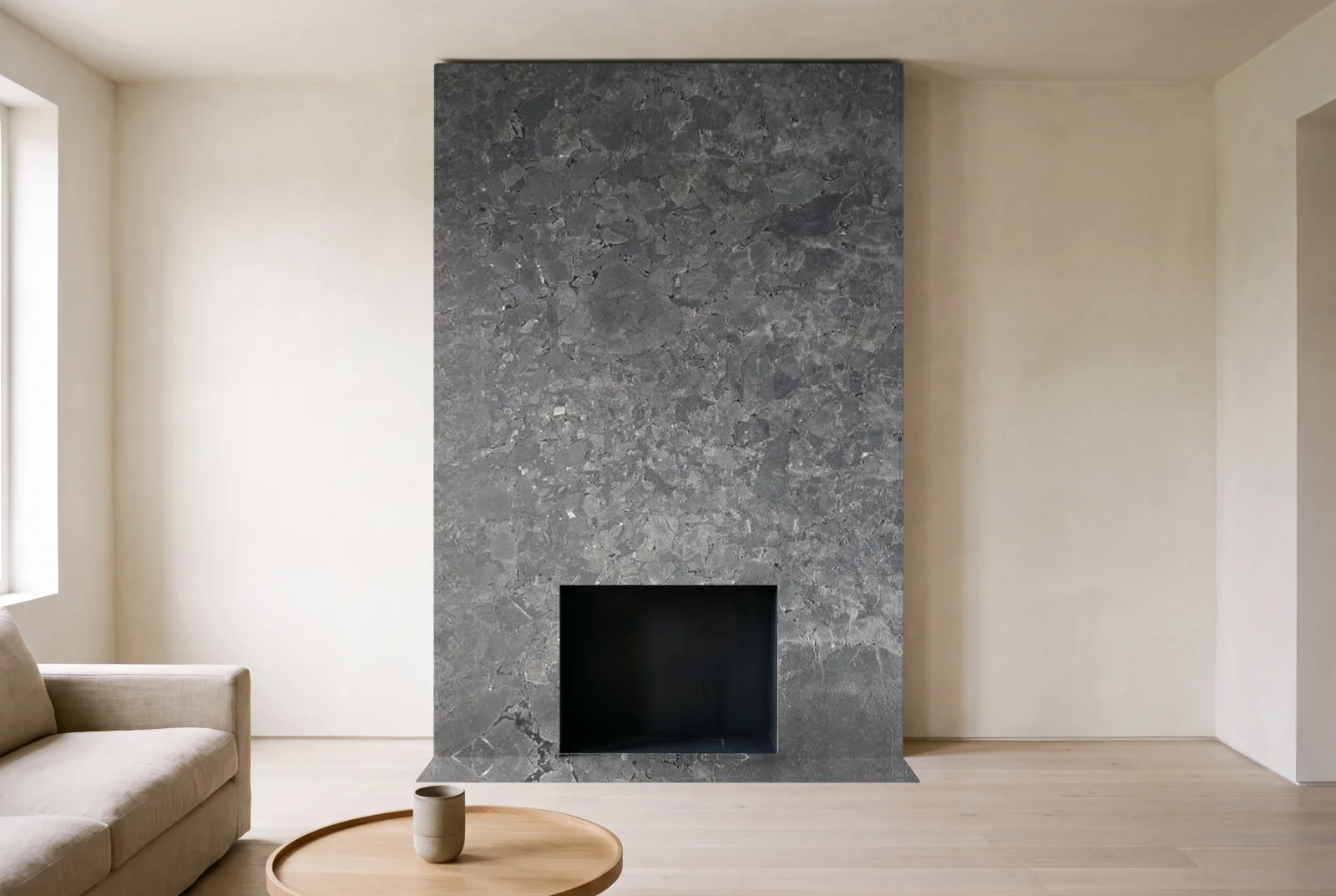 Visualization of Negresco Leather as a floor-to-ceiling fireplace wall in a living room