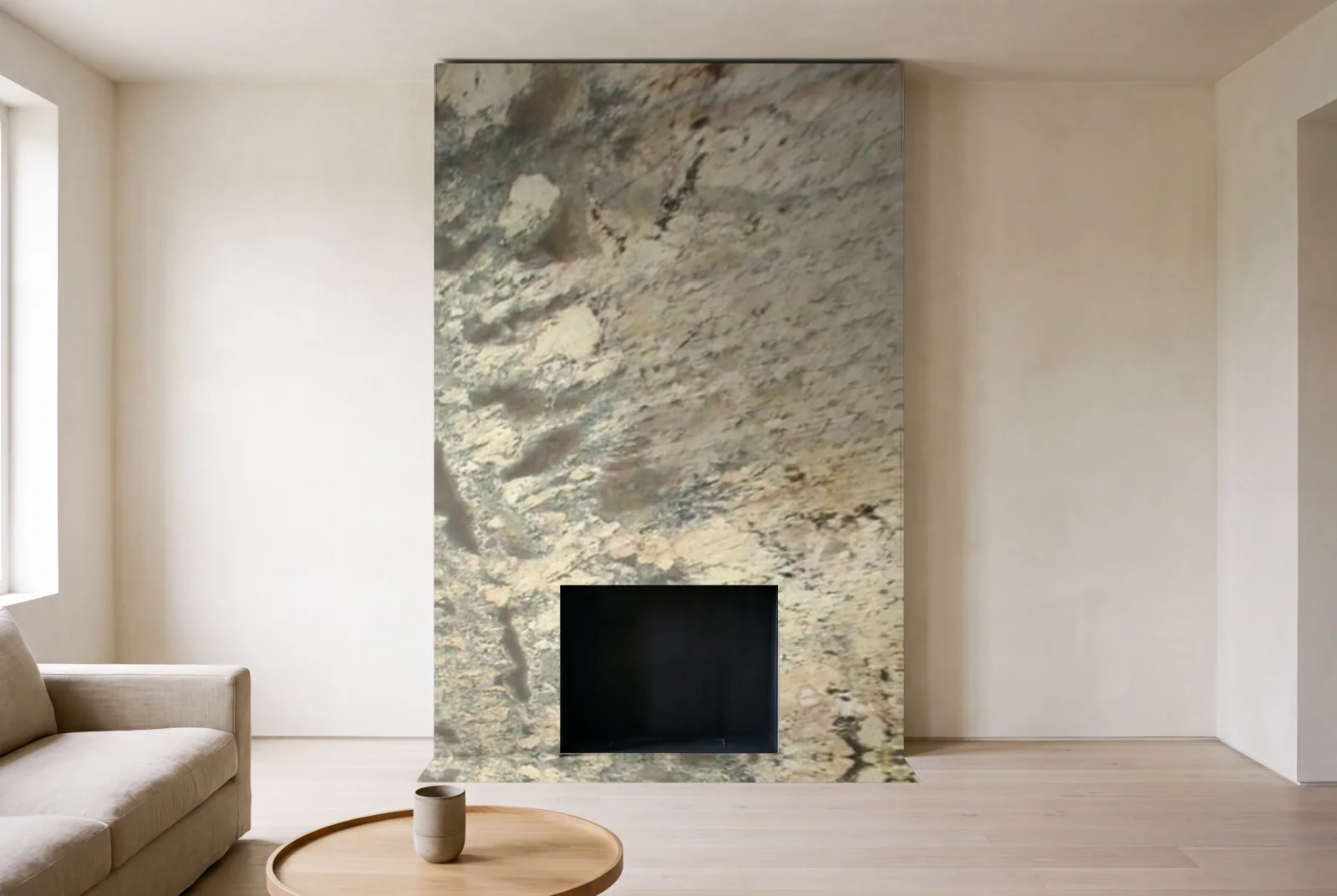 Visualization of Neptuno Bordeaux as a floor-to-ceiling fireplace wall in a living room