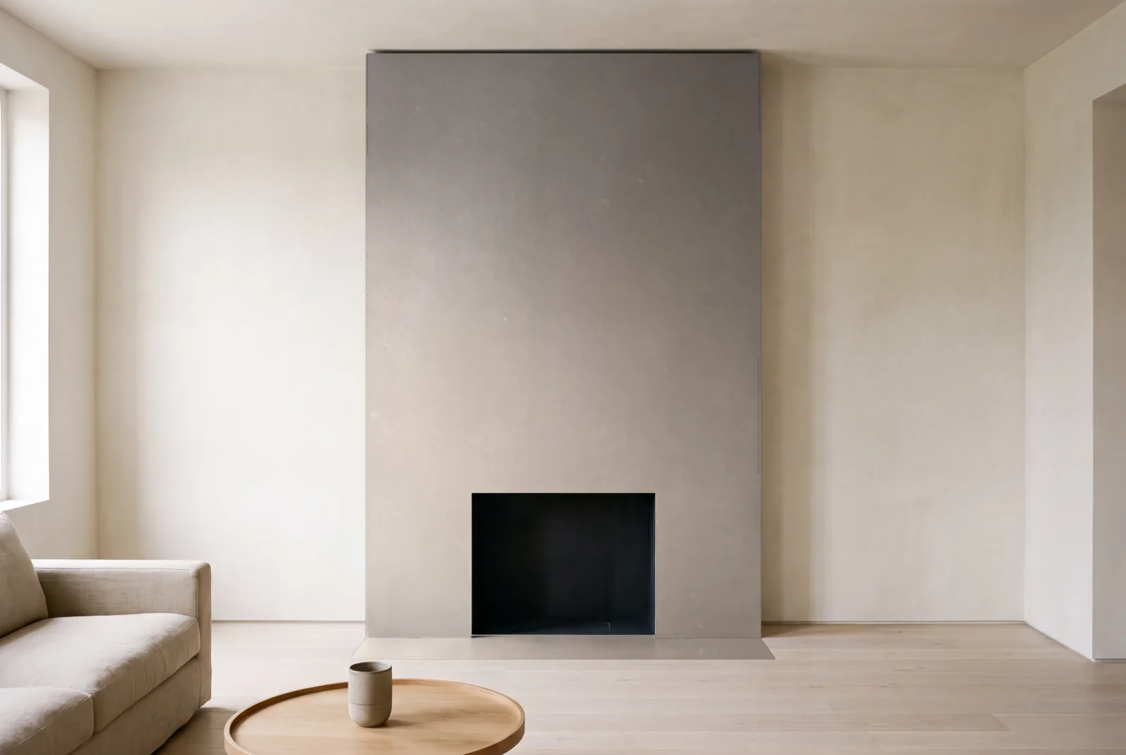 Visualization of Nougat as a floor-to-ceiling fireplace wall in a living room
