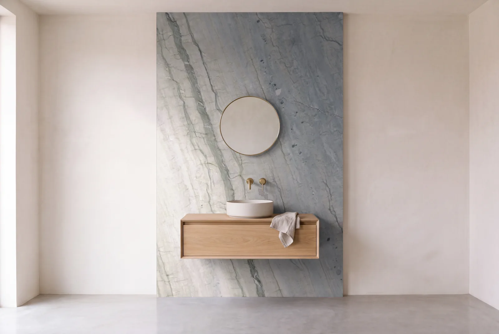Visualization of Ocean Blue as one slab behind a floating bathroom vanity