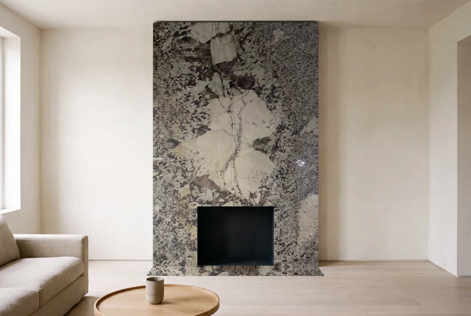 Visualization of Patagonia as a floor-to-ceiling fireplace wall in a living room
