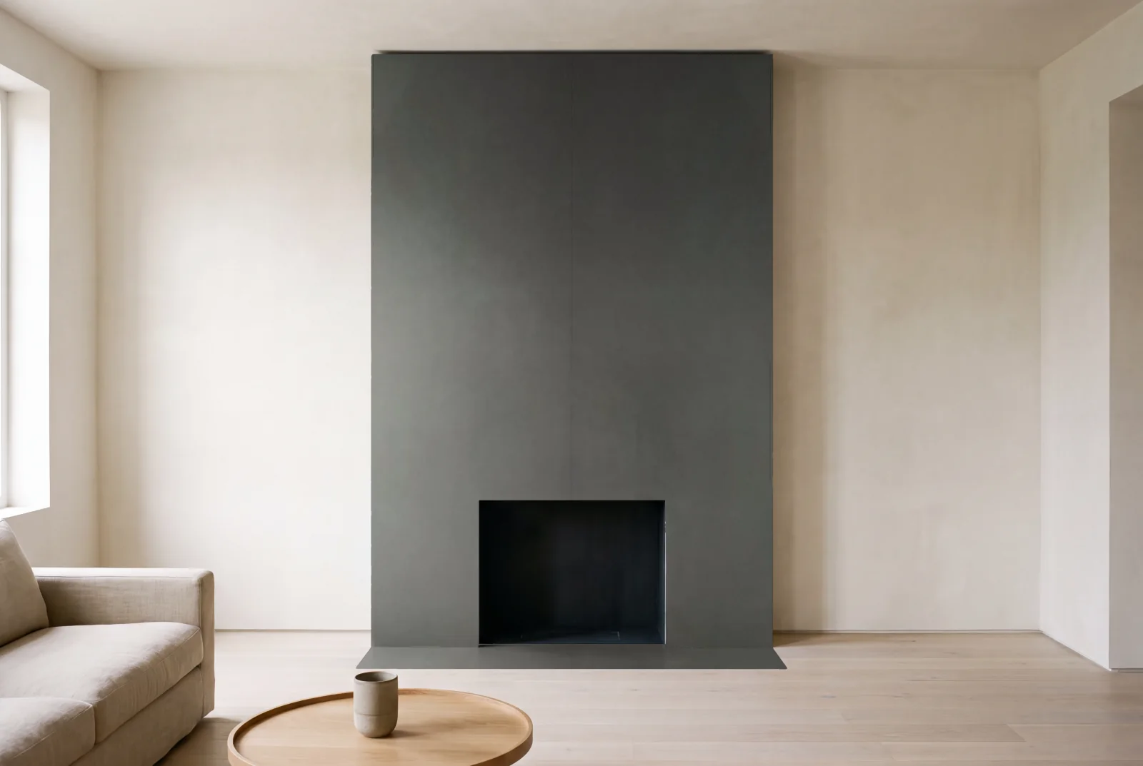 Visualization of Pewter Dark as a floor-to-ceiling fireplace wall in a living room