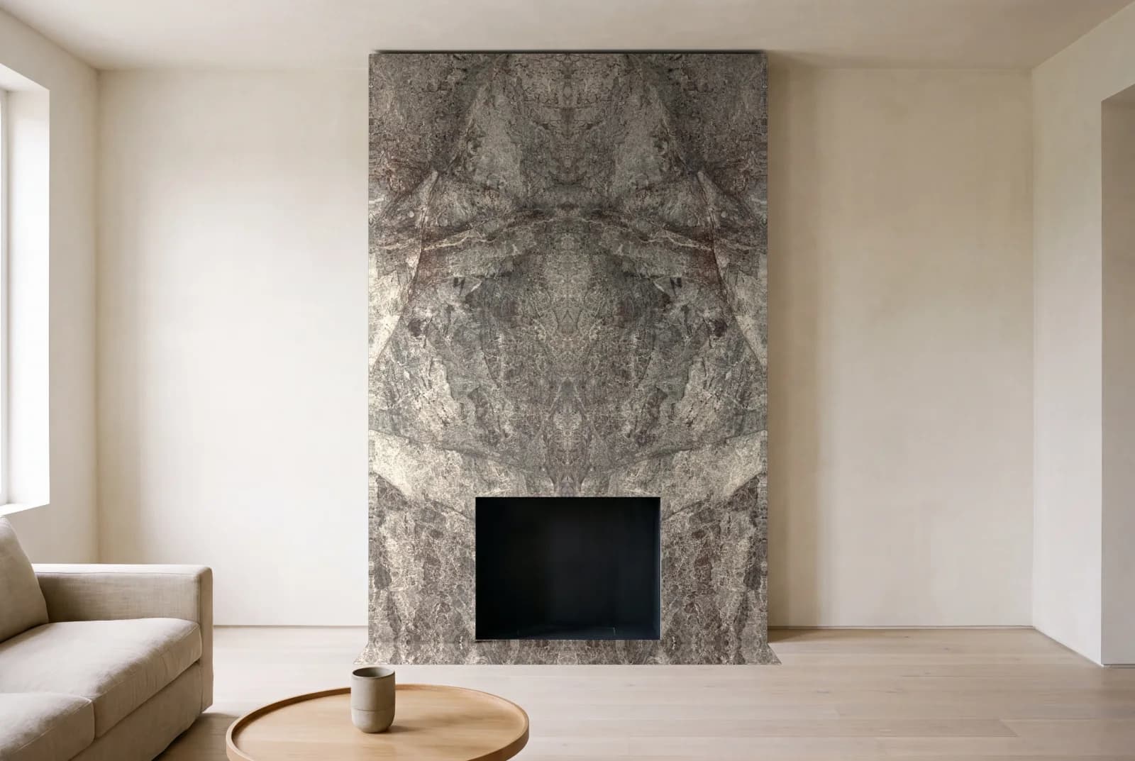 Visualization of Platinum as a floor-to-ceiling fireplace wall in a living room