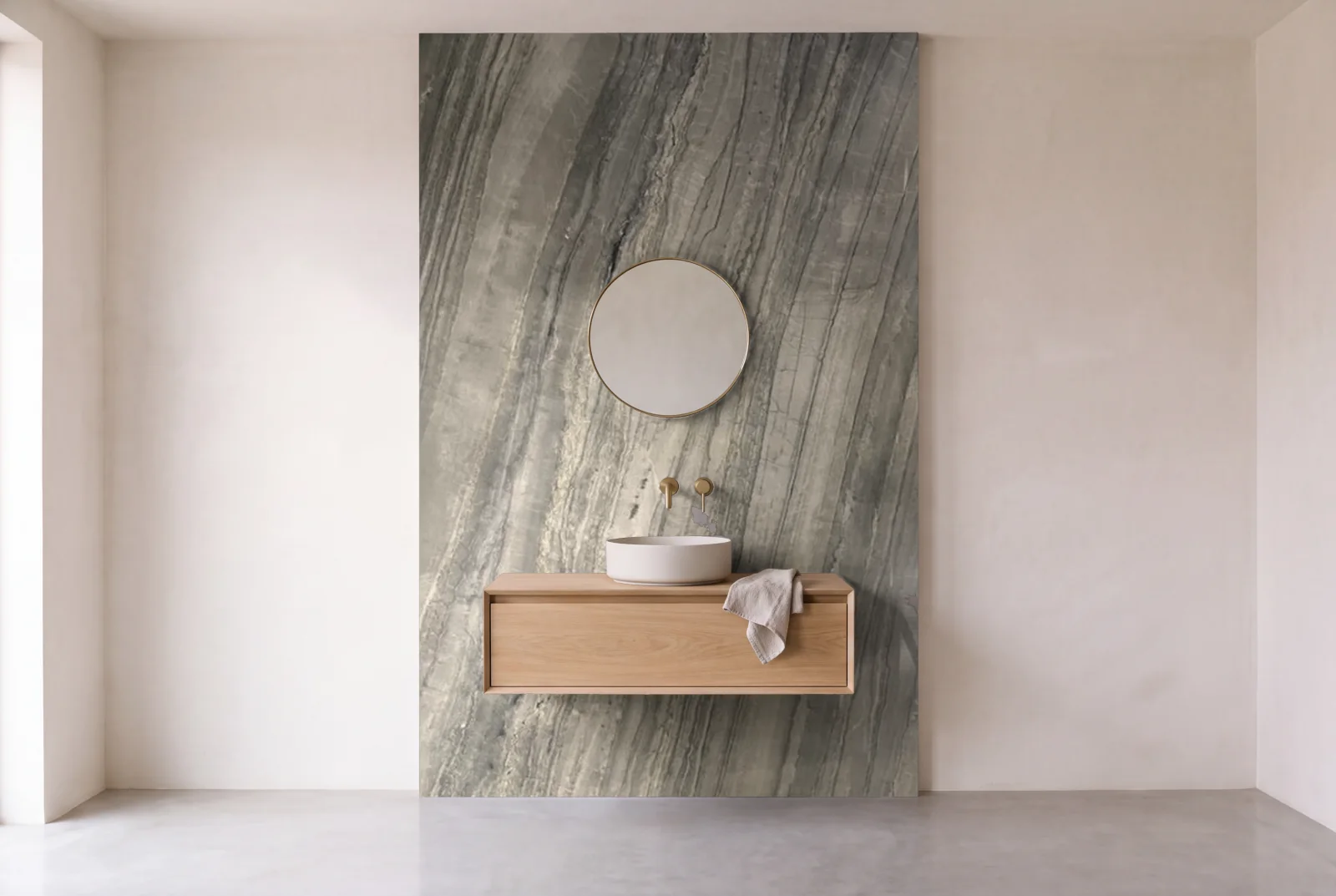 Visualization of Platinus as one slab behind a floating bathroom vanity