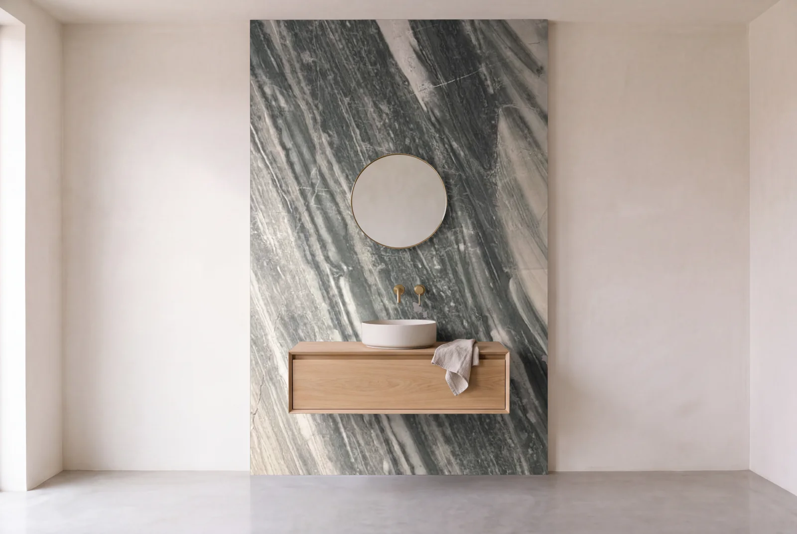 Visualization of Polaris Leather as one slab behind a floating bathroom vanity