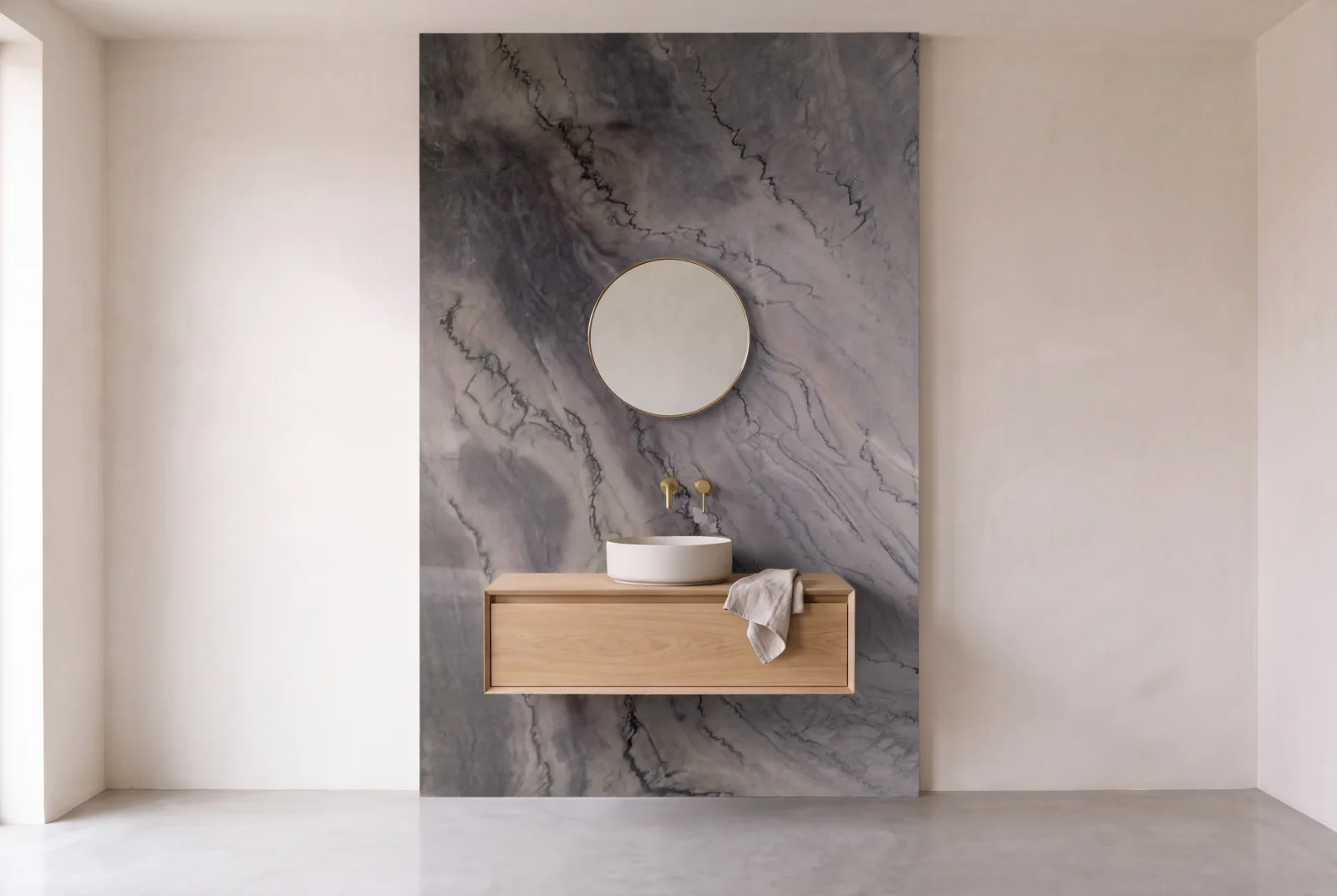 Visualization of Pompei Blue as one slab behind a floating bathroom vanity