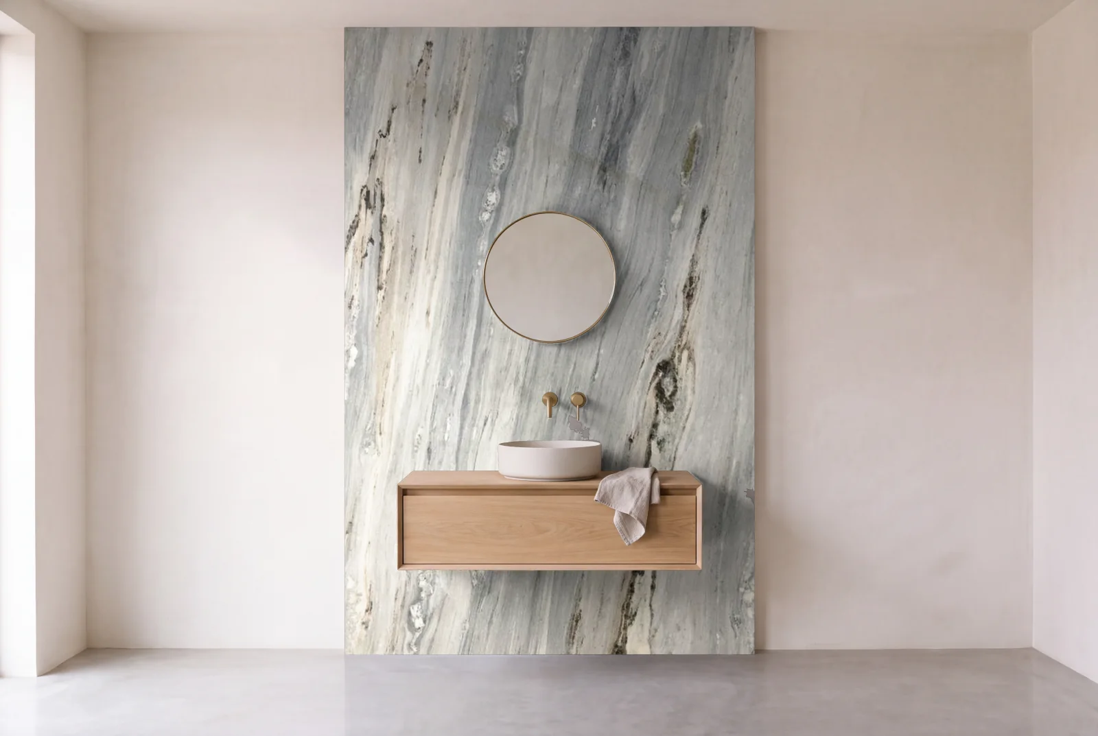 Visualization of Portinari Leather as one slab behind a floating bathroom vanity