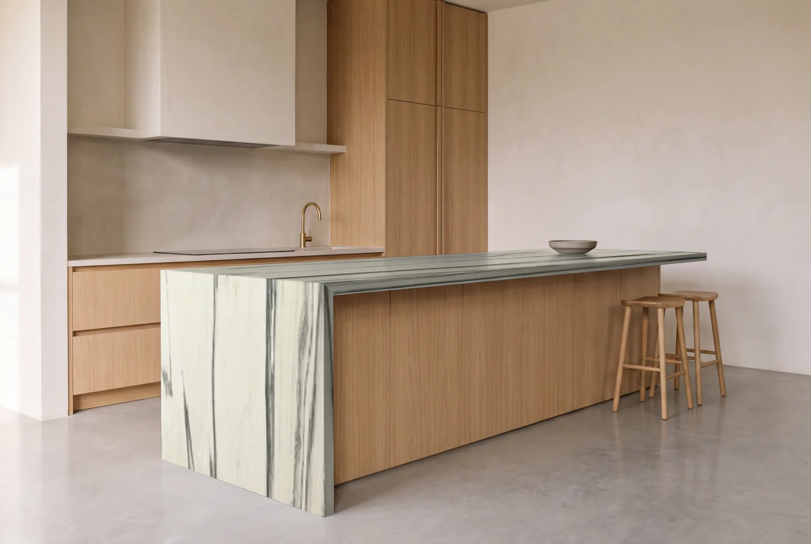 Visualization of Renoir Blanc as a waterfall island in an oak kitchen