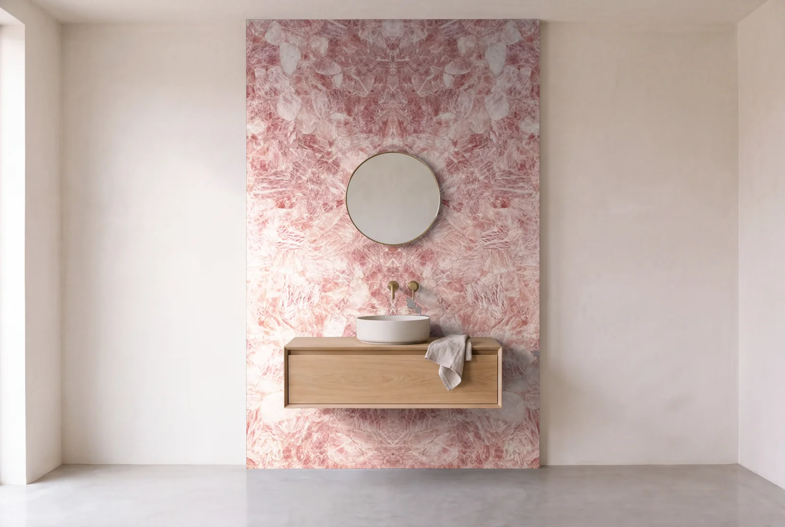 Visualization of Rose as one slab behind a floating bathroom vanity