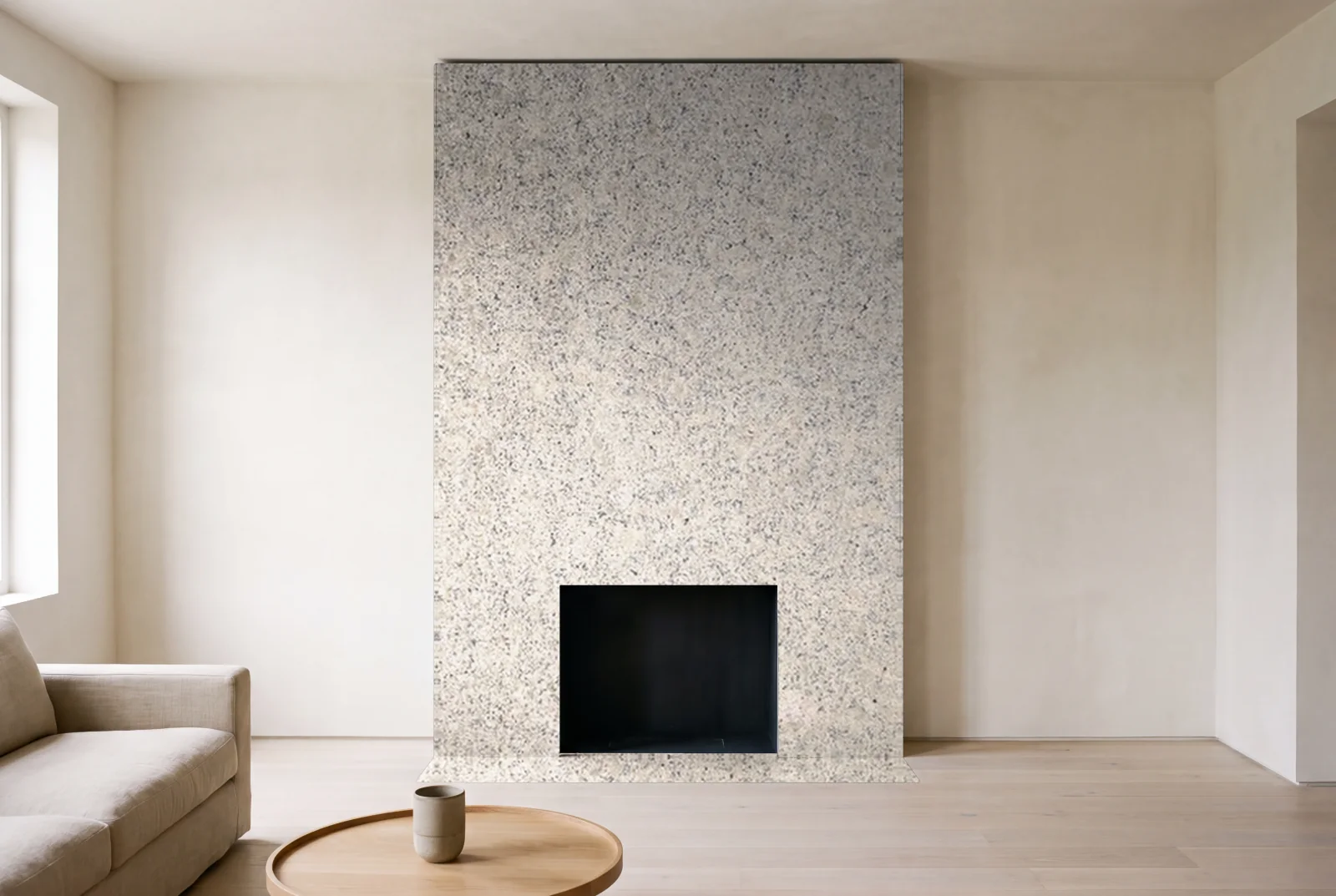 Visualization of Santa Cecilia Light as a floor-to-ceiling fireplace wall in a living room