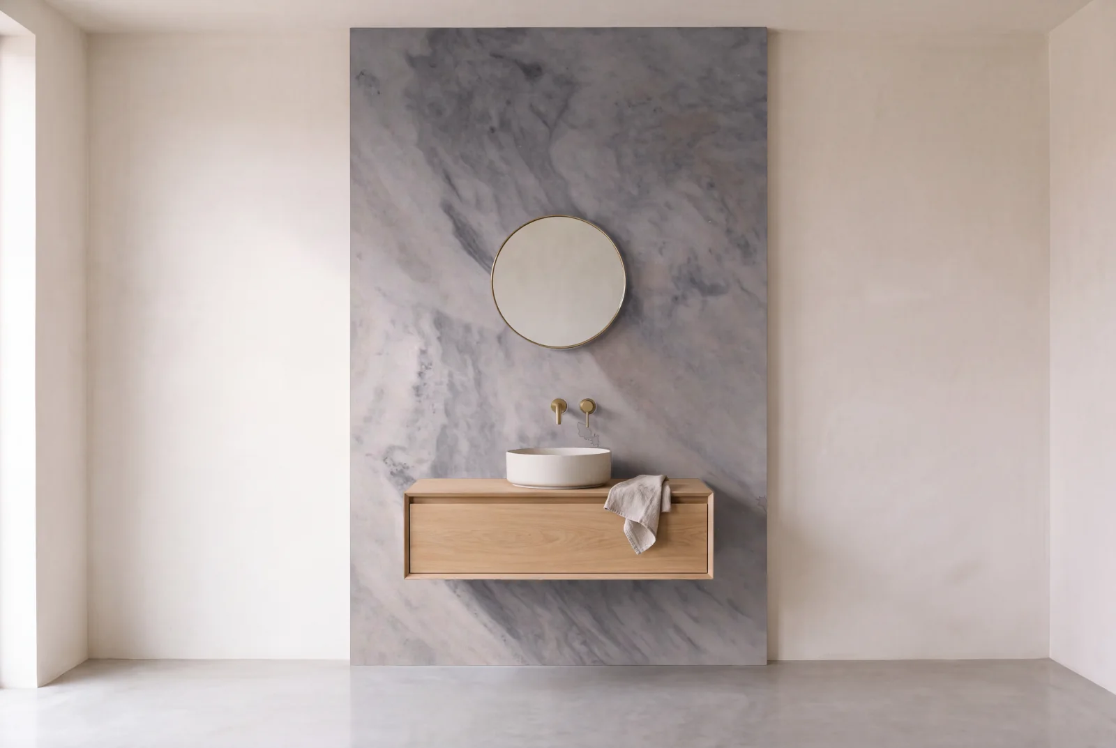 Visualization of Shadow Storm Leather as one slab behind a floating bathroom vanity