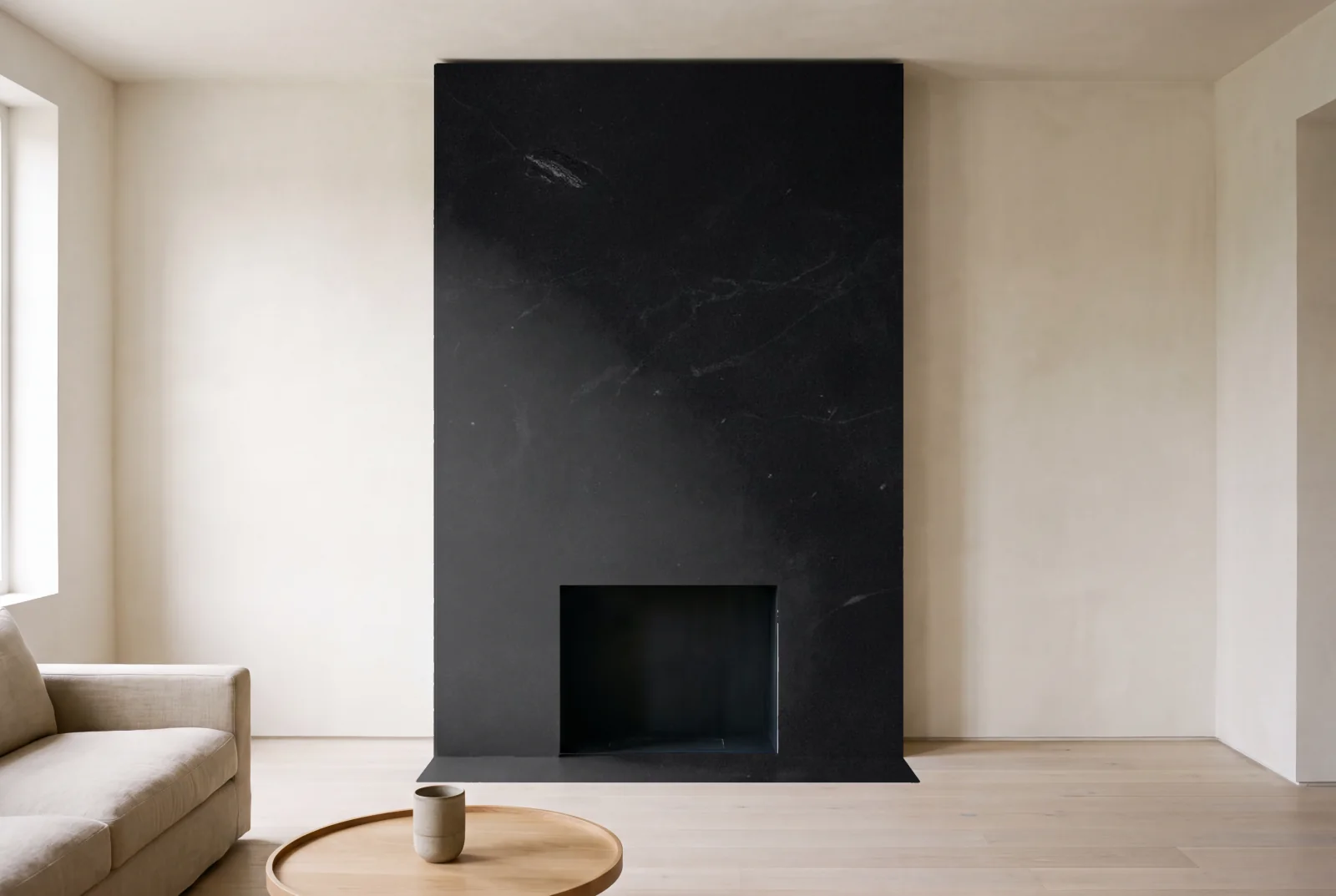 Visualization of Silver Black Honed as a floor-to-ceiling fireplace wall in a living room
