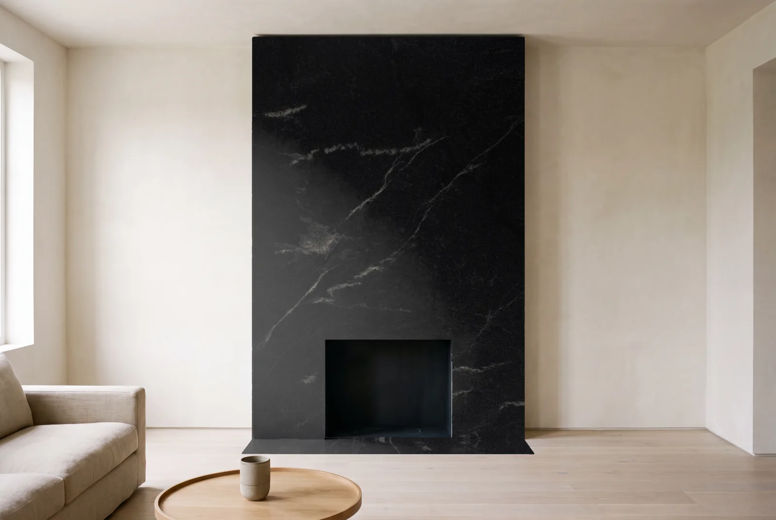 Visualization of Silver Black Leather as a floor-to-ceiling fireplace wall in a living room