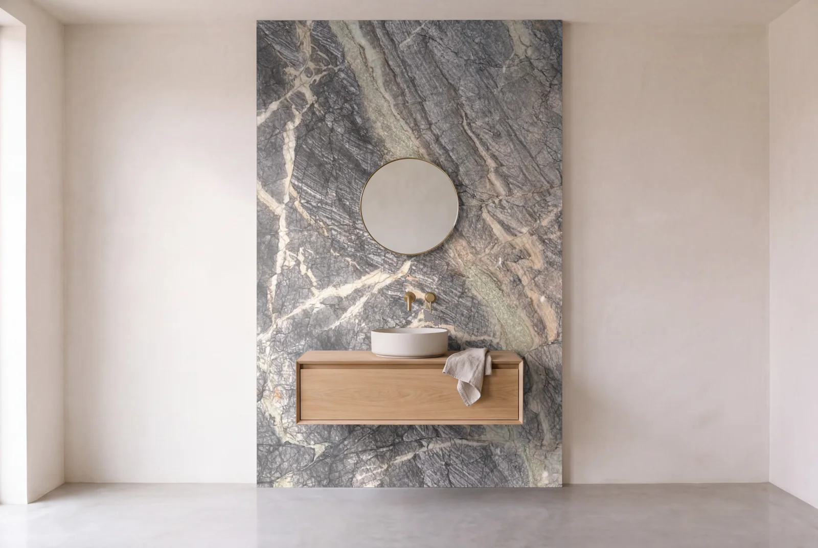Visualization of Sky Blue as one slab behind a floating bathroom vanity