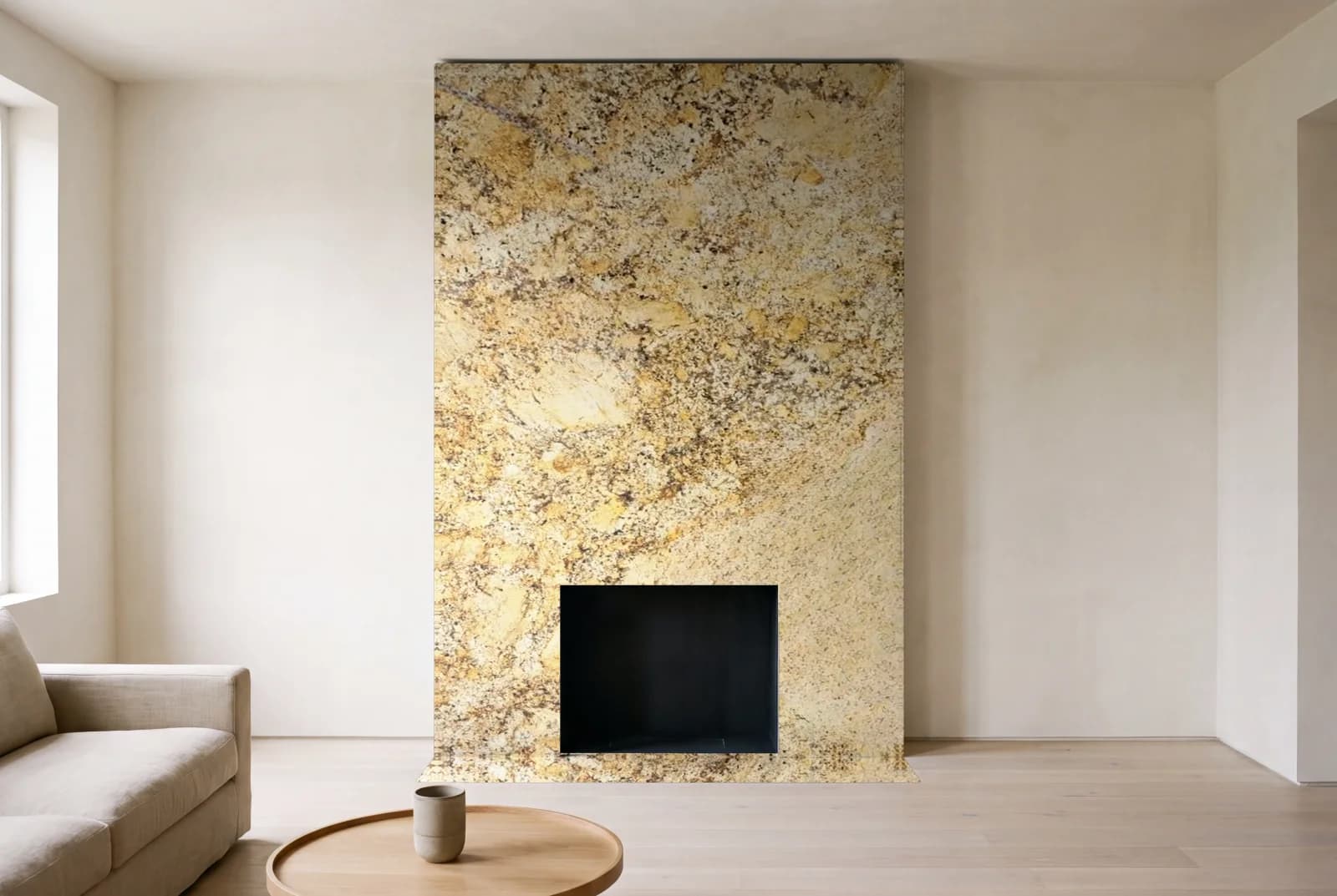 Visualization of Solarius as a floor-to-ceiling fireplace wall in a living room