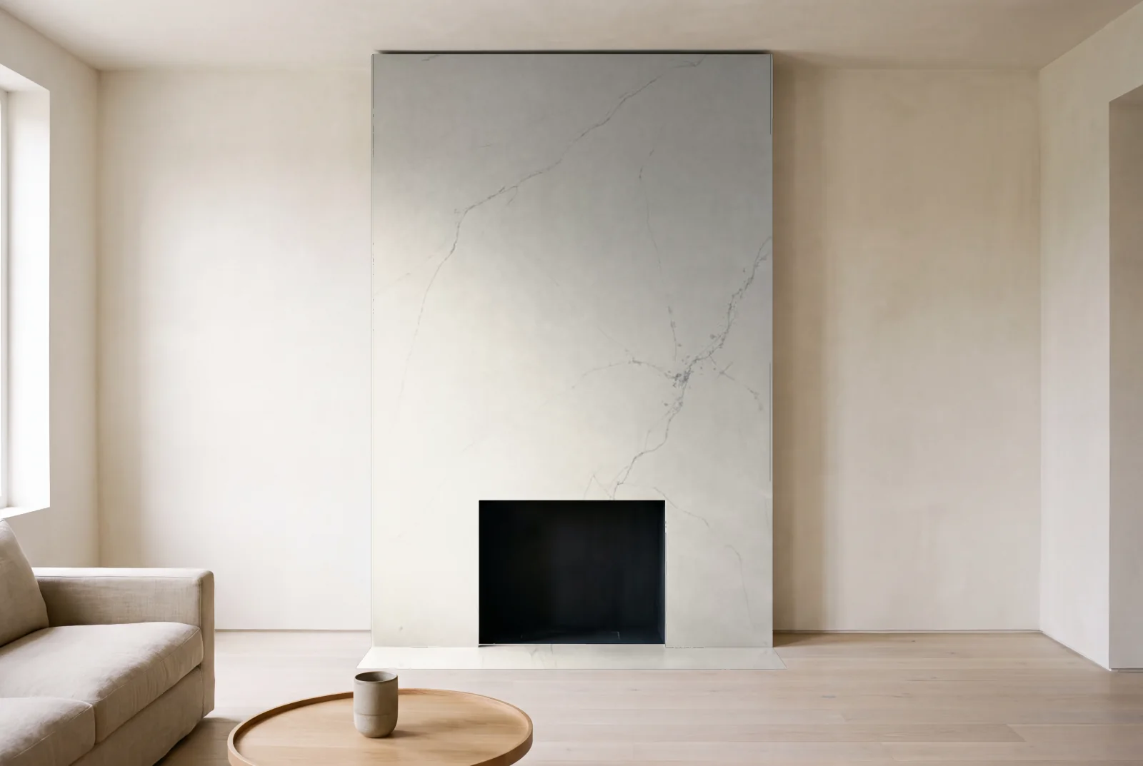 Visualization of Statuario Ultra as a floor-to-ceiling fireplace wall in a living room