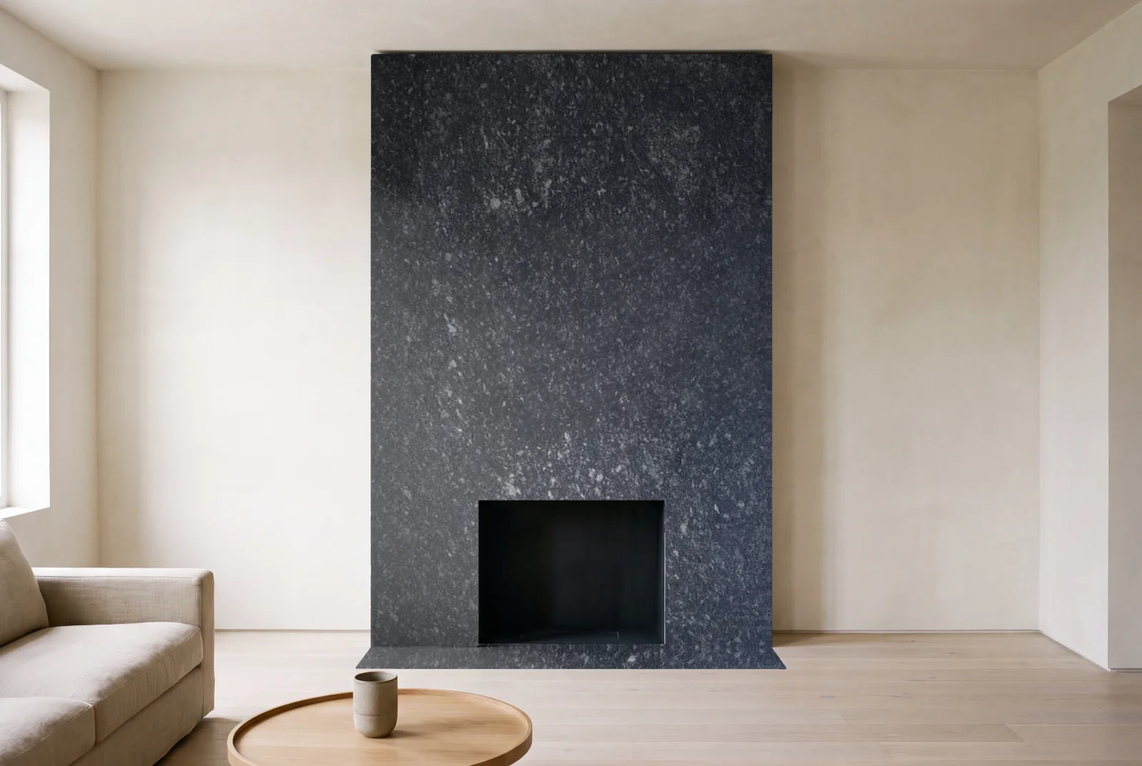 Visualization of Steel Grey as a floor-to-ceiling fireplace wall in a living room