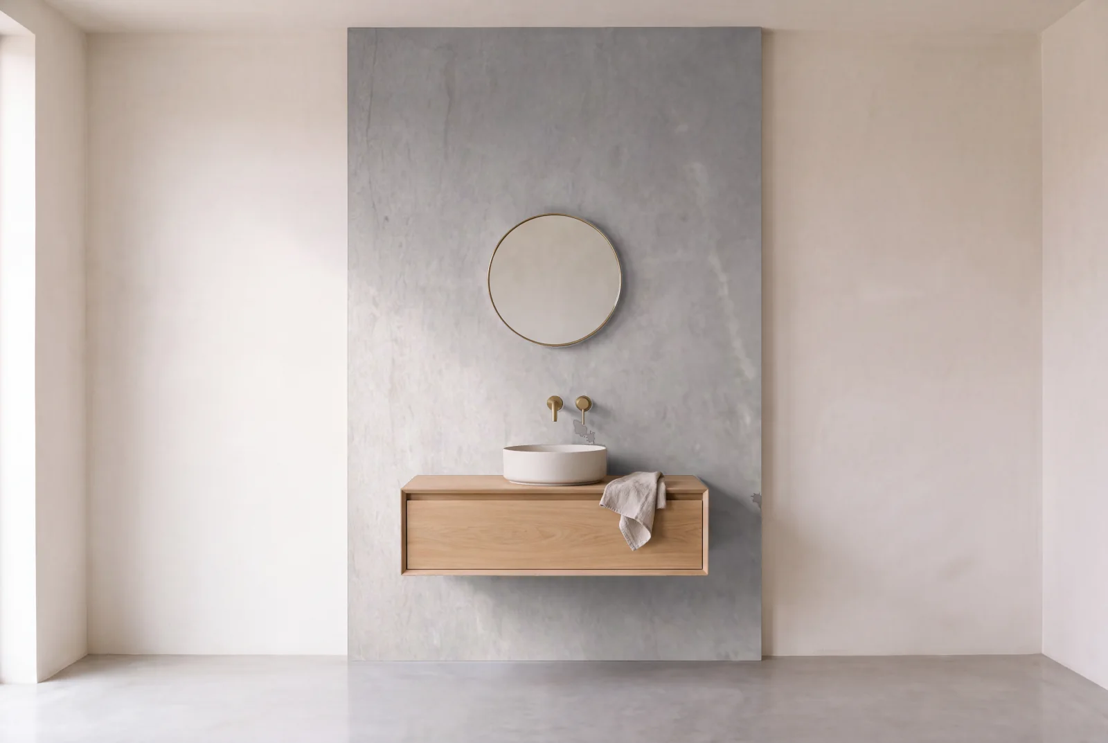 Visualization of Super White Extra as one slab behind a floating bathroom vanity