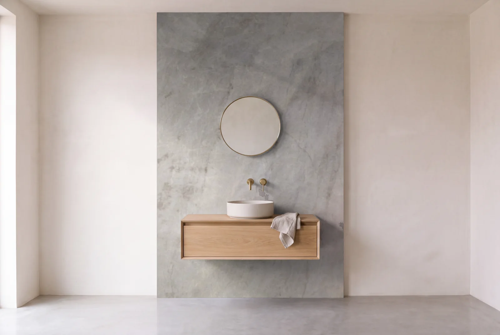 Visualization of Taj Mahal Leather as one slab behind a floating bathroom vanity