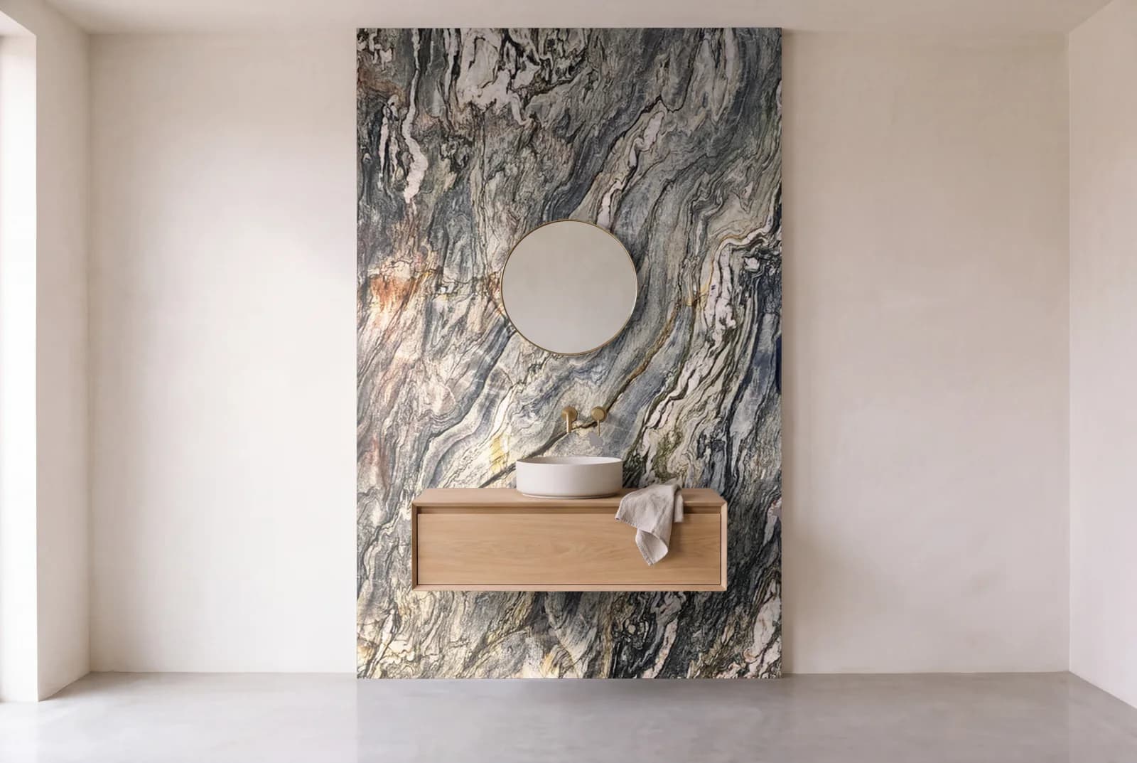 Visualization of Tempest Blue Leather as one slab behind a floating bathroom vanity