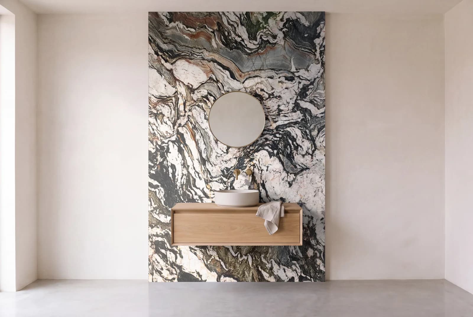 Visualization of Tempest Crystal as one slab behind a floating bathroom vanity