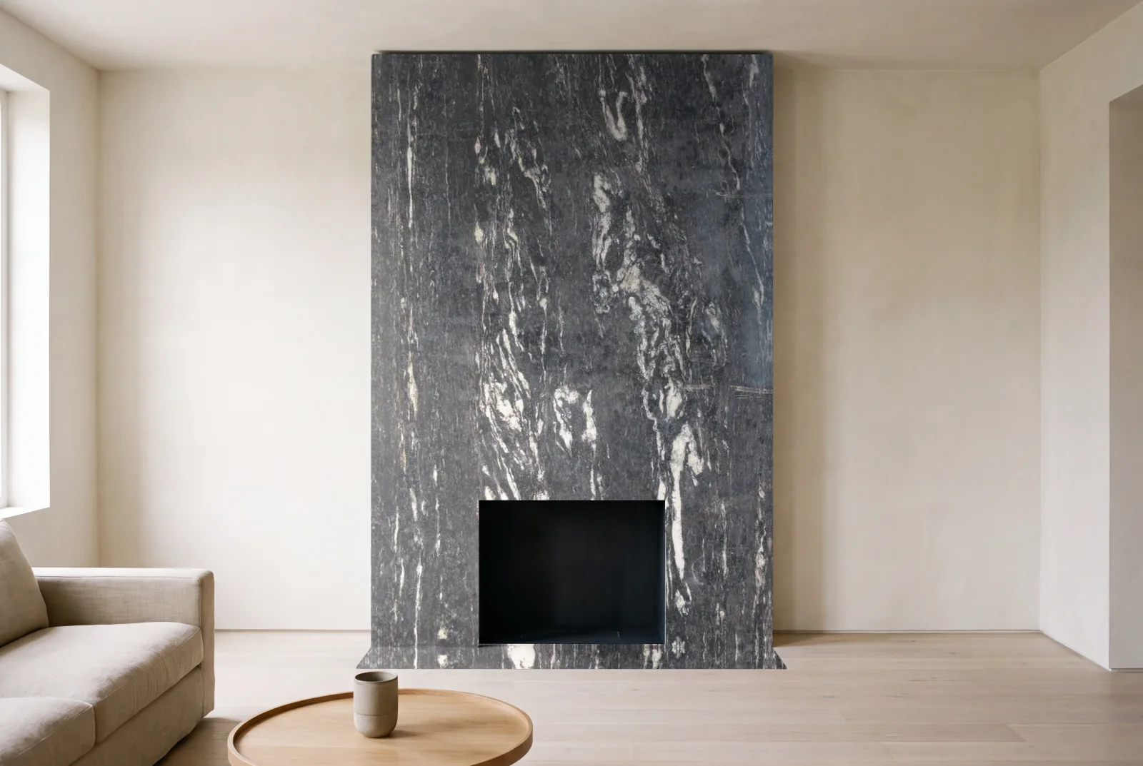 Visualization of Titanium as a floor-to-ceiling fireplace wall in a living room