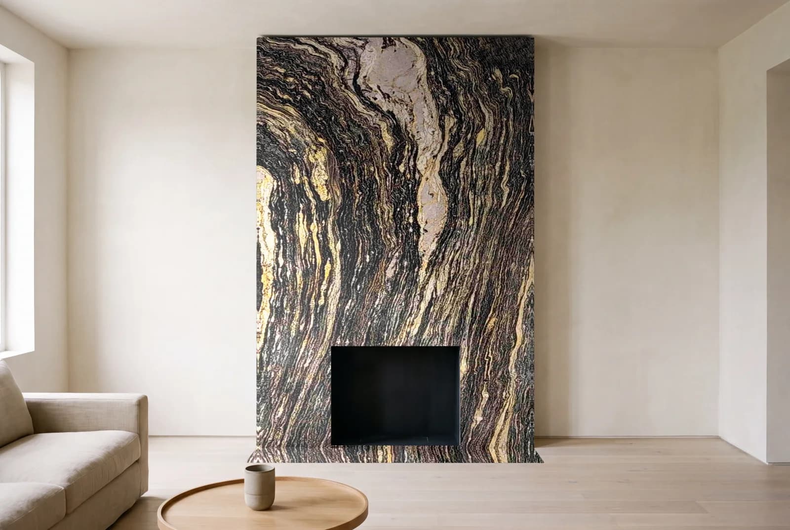 Visualization of Titanium Gold as a floor-to-ceiling fireplace wall in a living room