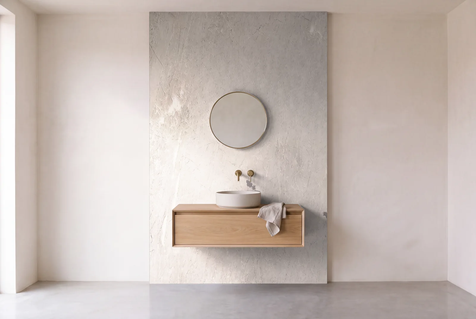 Visualization of Turim Quartzite as one slab behind a floating bathroom vanity