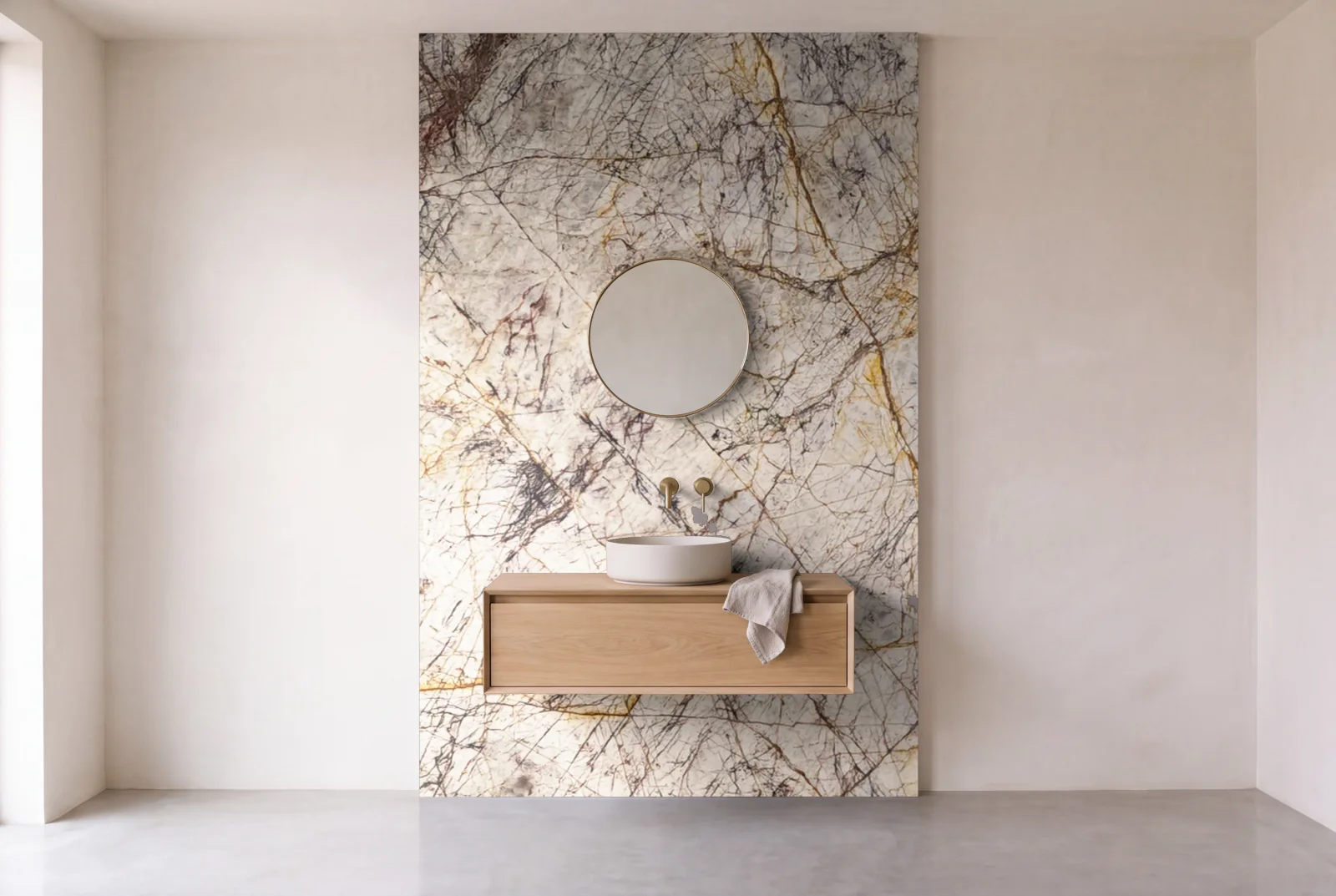 Visualization of Valente Crystal as one slab behind a floating bathroom vanity