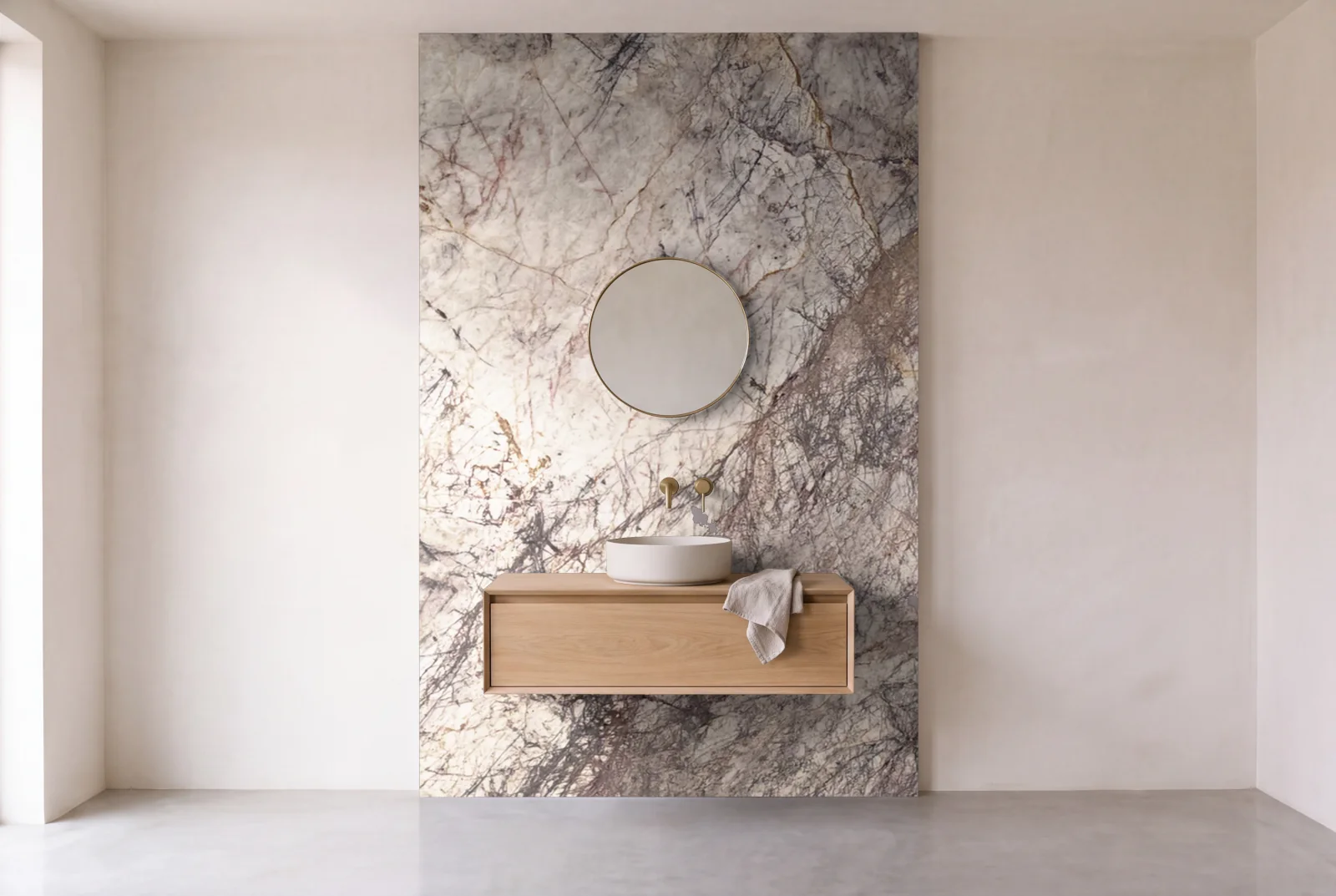 Visualization of Valente Crystal Leather as one slab behind a floating bathroom vanity