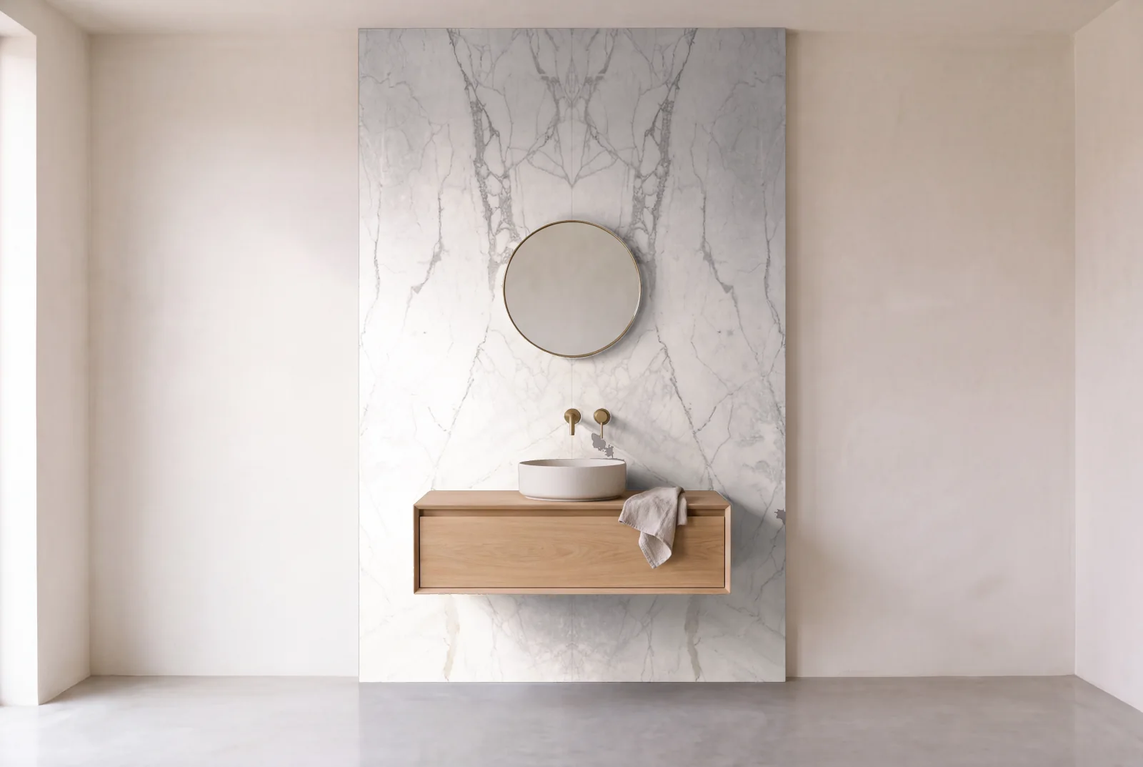 Visualization of Venato Apuano Leather as one slab behind a floating bathroom vanity