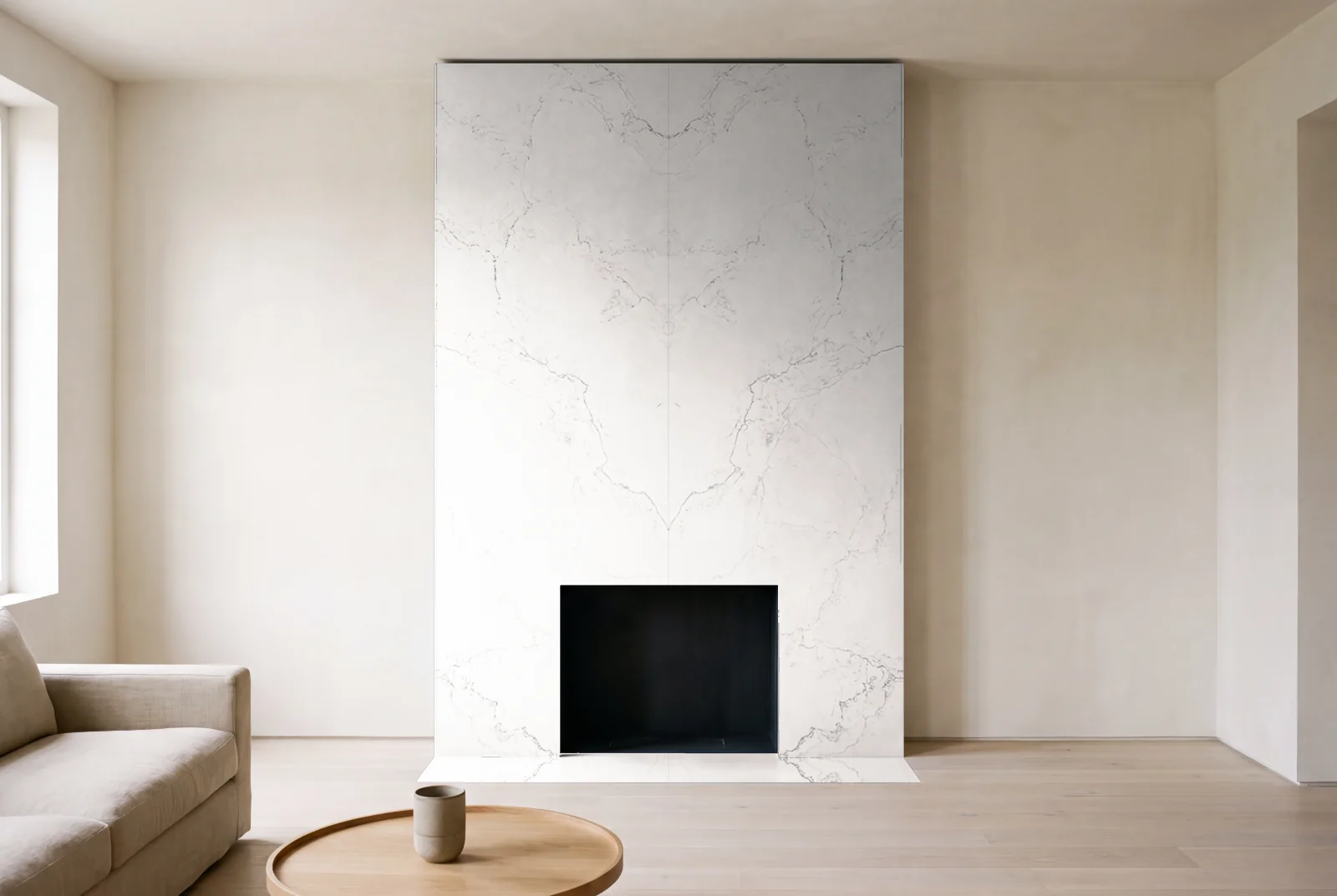 Visualization of Venice as a floor-to-ceiling fireplace wall in a living room