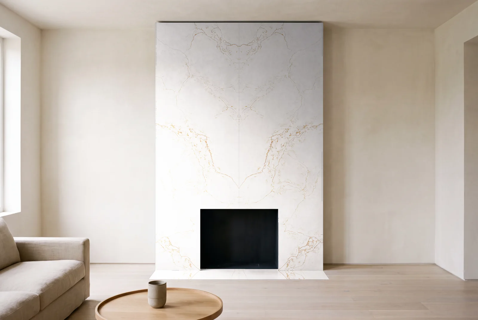 Visualization of Venice Gold as a floor-to-ceiling fireplace wall in a living room
