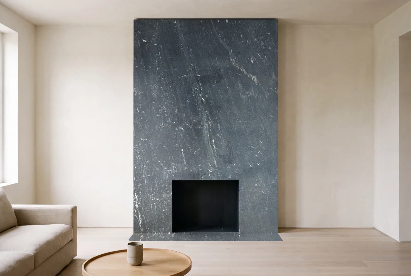 Visualization of Via Lactea Dual Finish as a floor-to-ceiling fireplace wall in a living room