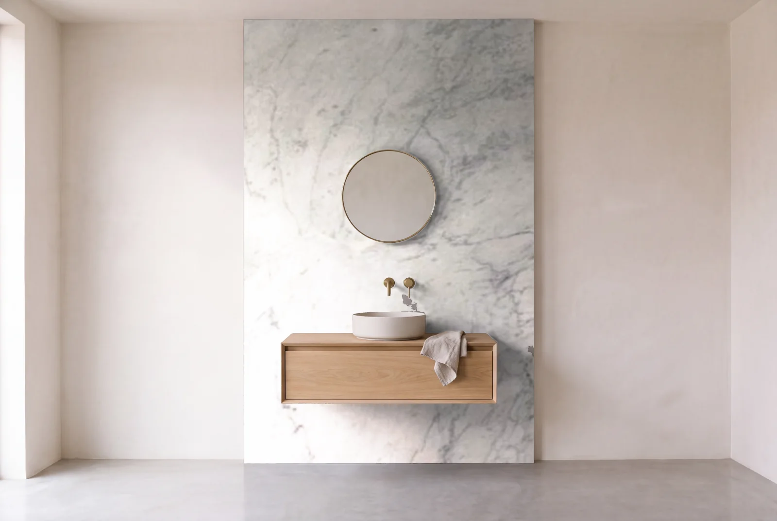 Visualization of White Carrara Honed as one slab behind a floating bathroom vanity