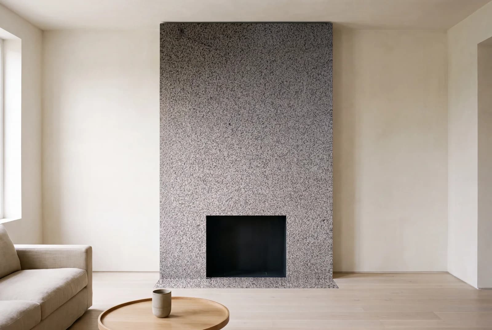 Visualization of White Fantasy as a floor-to-ceiling fireplace wall in a living room