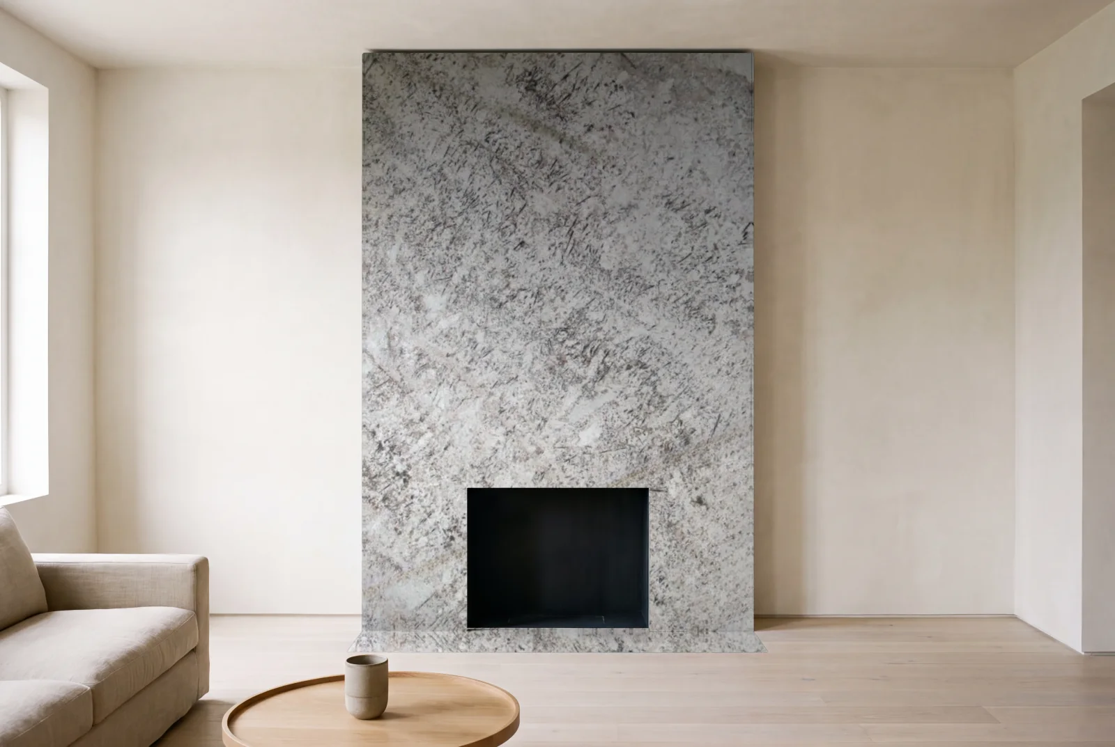 Visualization of White Galaxy as a floor-to-ceiling fireplace wall in a living room
