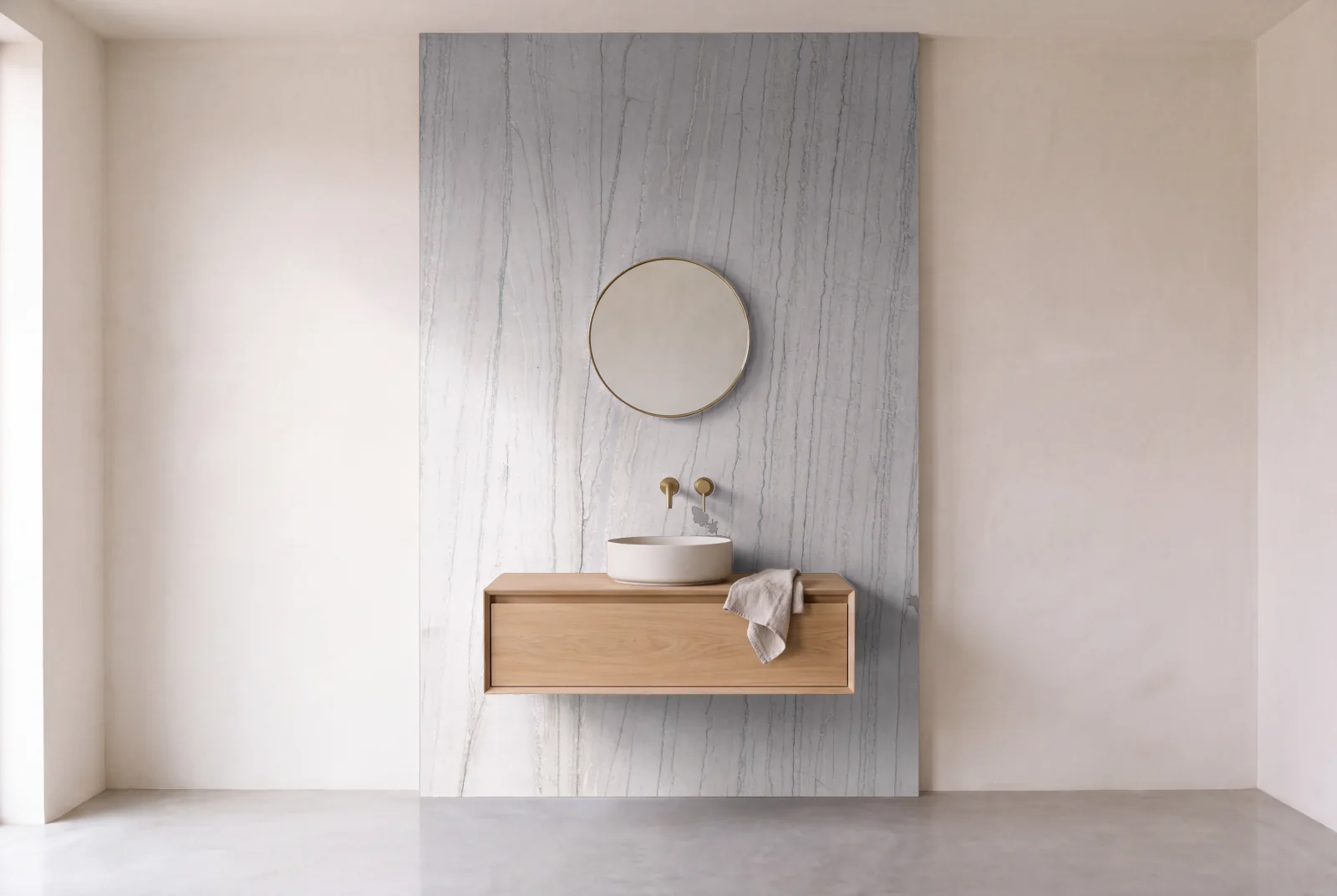 Visualization of White Macaubas Leather as one slab behind a floating bathroom vanity